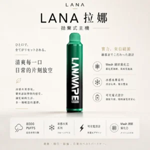 ChatGPT Image 2026年8月23日 下午04_28_25 LANA ZOLT 拉娜 冰感水果系列 8000口拋棄式電子煙|3%尼古丁鹽順滑摯喉 Mesh芯清爽極致體驗